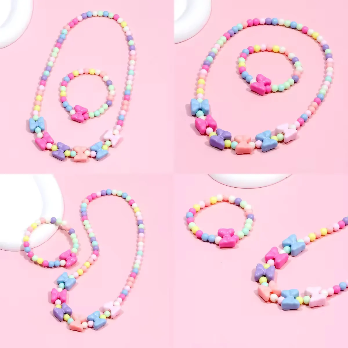 Adorable Bow Design Children's Bracelet and Necklace with Colorful Acrylic Beads - Image 6