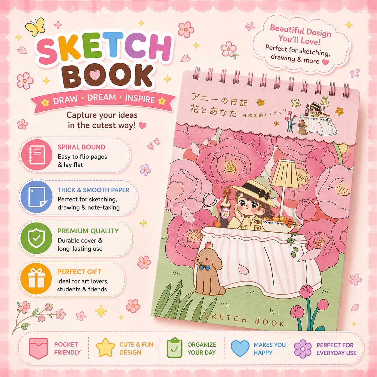 Annie's Kawaii Sketch Book โ Spiral Bound | Cute Floral Design for Kids (Random) - Image 2