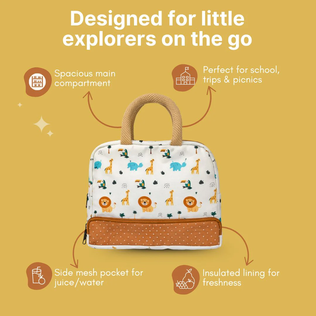Cots and Cuddles Cute Playful Safari Theme Printed Canvas Lunch Bag for Kids - Image 4