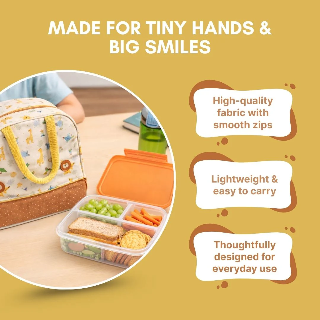 Cots and Cuddles Cute Playful Safari Theme Printed Canvas Lunch Bag for Kids - Image 3