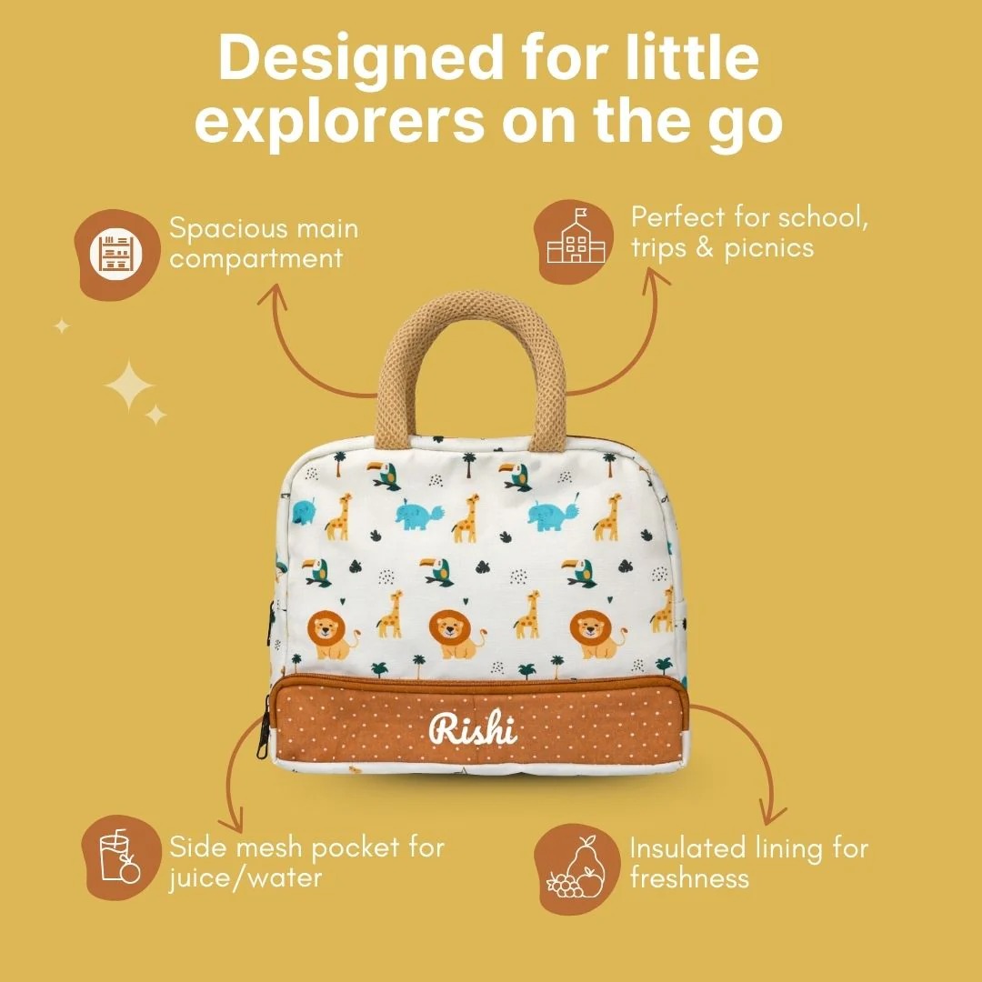 Cots and Cuddles Cute Playful Safari Theme Printed Canvas Lunch Bag for Kids (Customized) (PREPAID ONLY) - Image 4