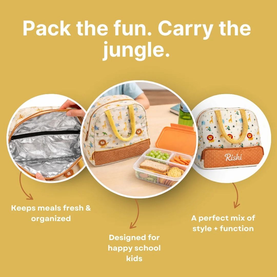 Cots and Cuddles Cute Playful Safari Theme Printed Canvas Lunch Bag for Kids (Customized) (PREPAID ONLY) - Image 6