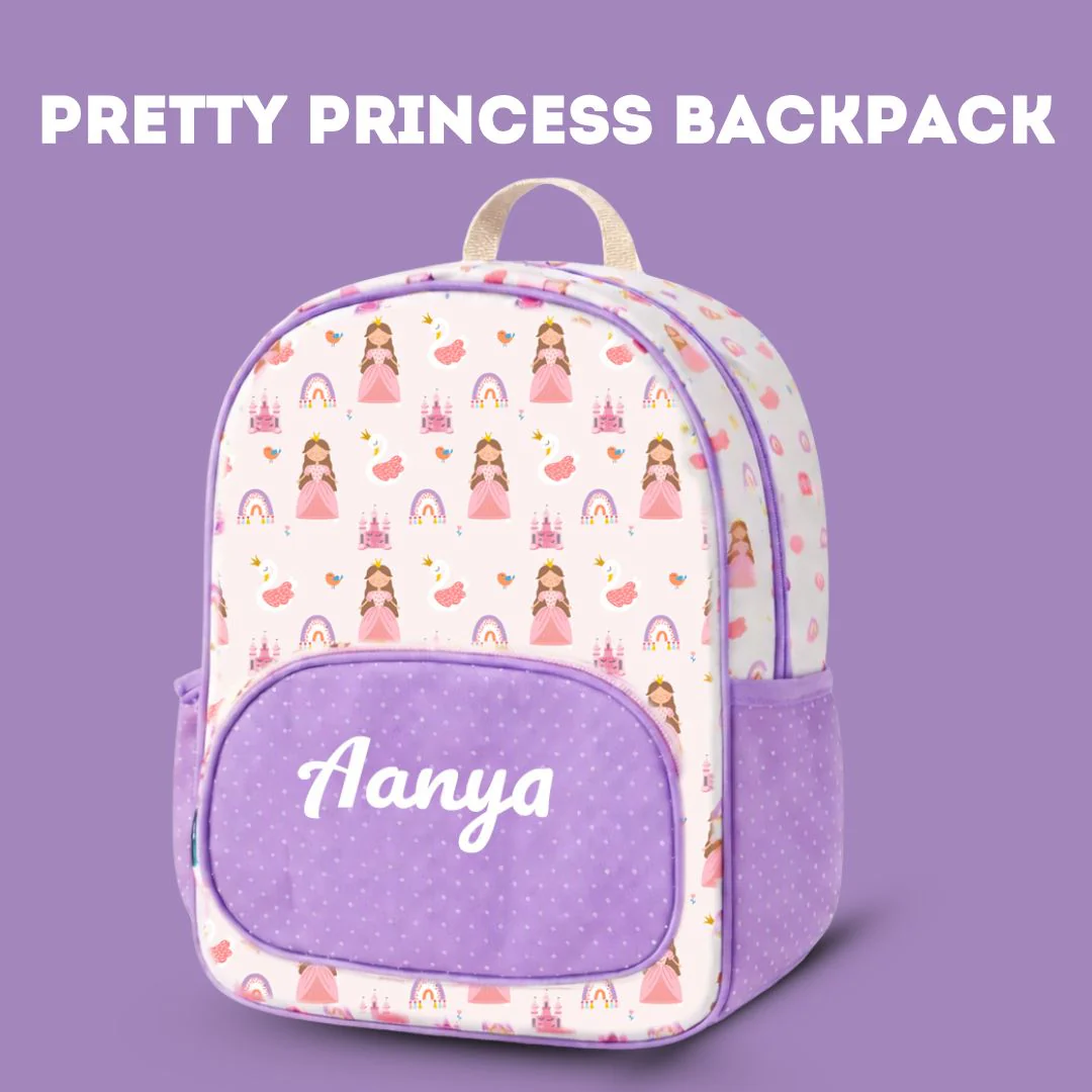 Cots and Cuddles Cute Princess Theme Printed Canvas Backpack for Kids (Customized) (PREPAID ONLY)