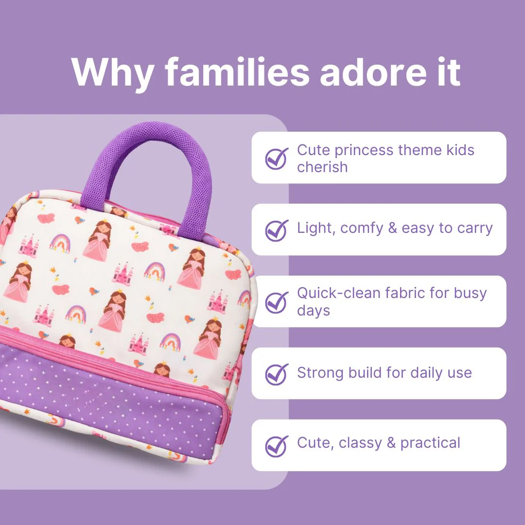 Cots and Cuddles Cute Pretty Princess Theme Printed Canvas Lunch Bag for Kids - Image 5