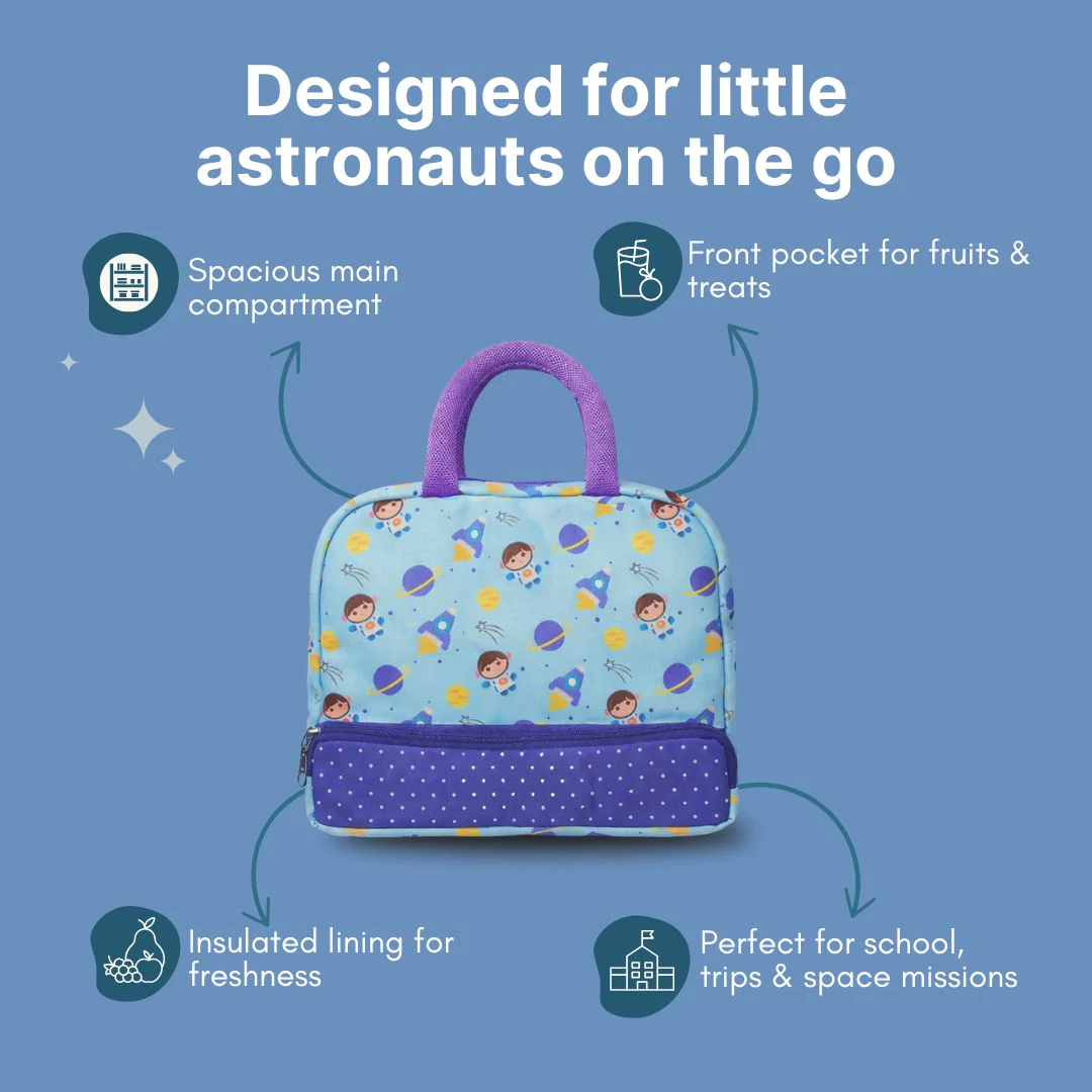 Cots and Cuddles Cute Space Buddy Theme Printed Canvas Lunch Bag for Kids - Image 3