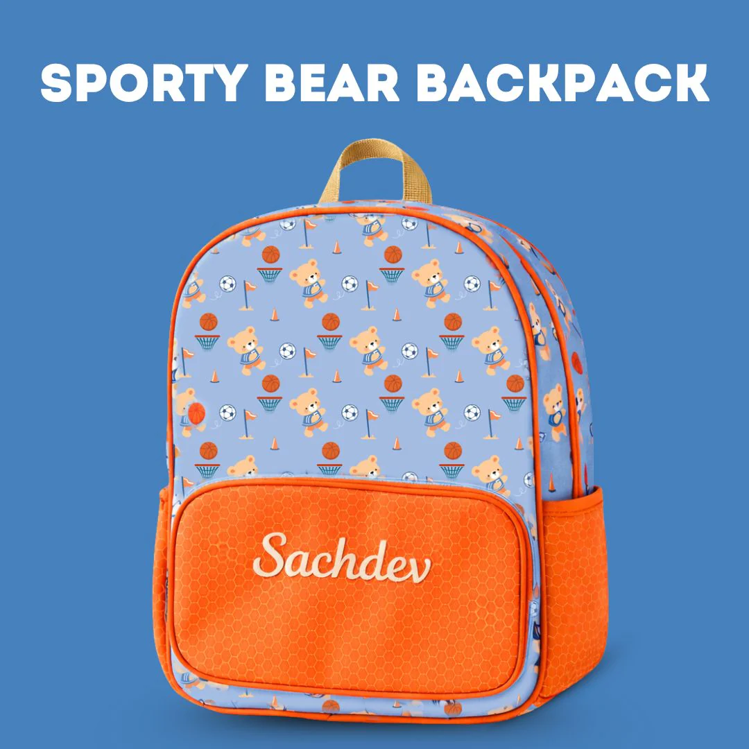 Cots and Cuddles Cute Sporty Bear Theme Printed Canvas Backpack for Kids (Customized) (PREPAID ONLY)