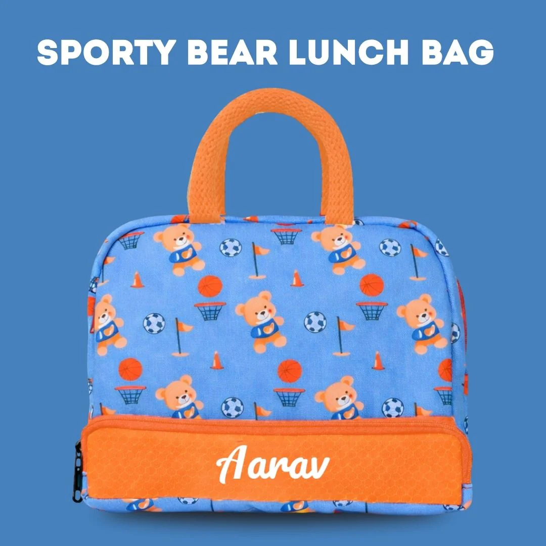 Cots and Cuddles Cute Sporty Bear Theme Printed Canvas Lunch Bag for Kids (Customized) (PREPAID ONLY)