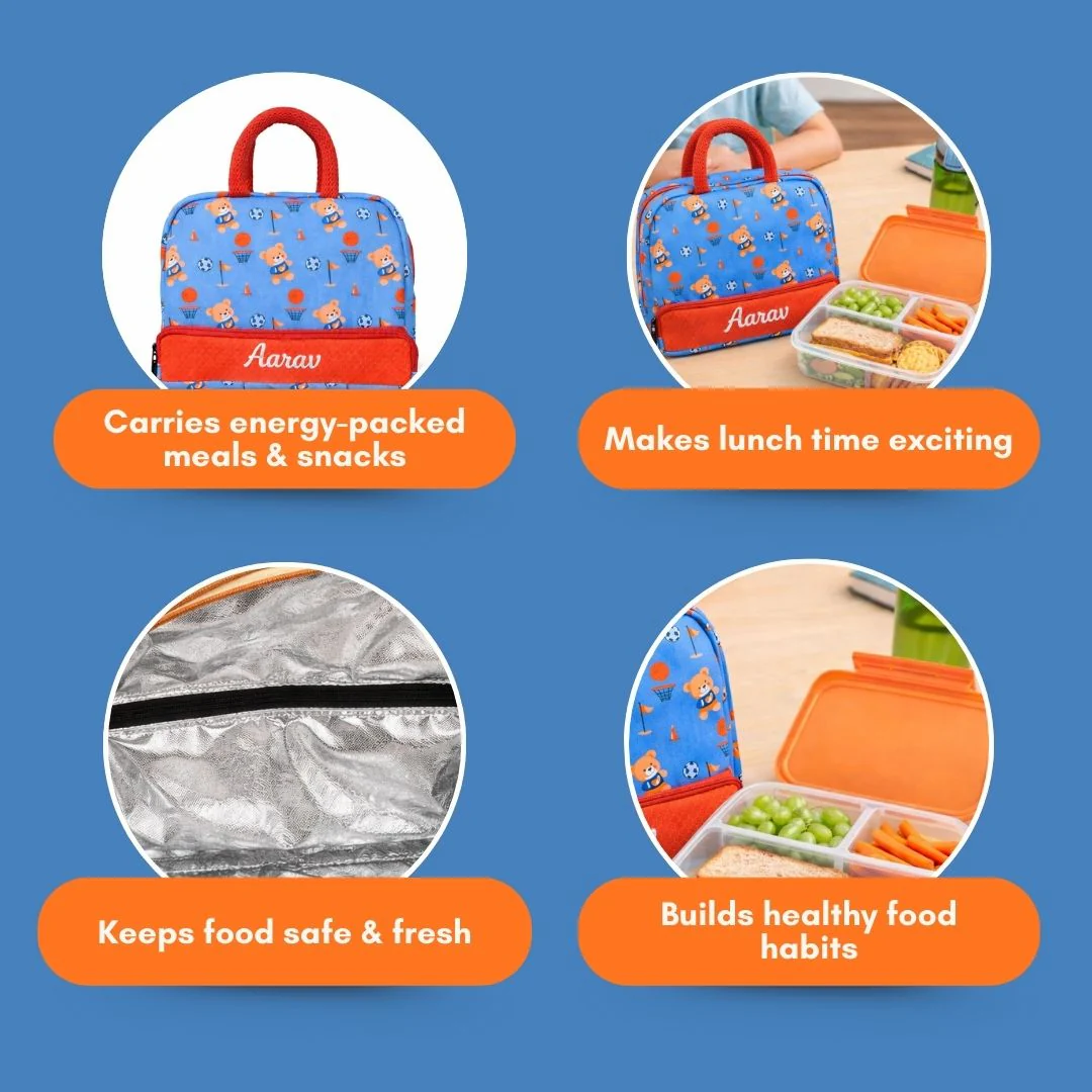 Cots and Cuddles Cute Sporty Bear Theme Printed Canvas Lunch Bag for Kids (Customized) (PREPAID ONLY) - Image 2