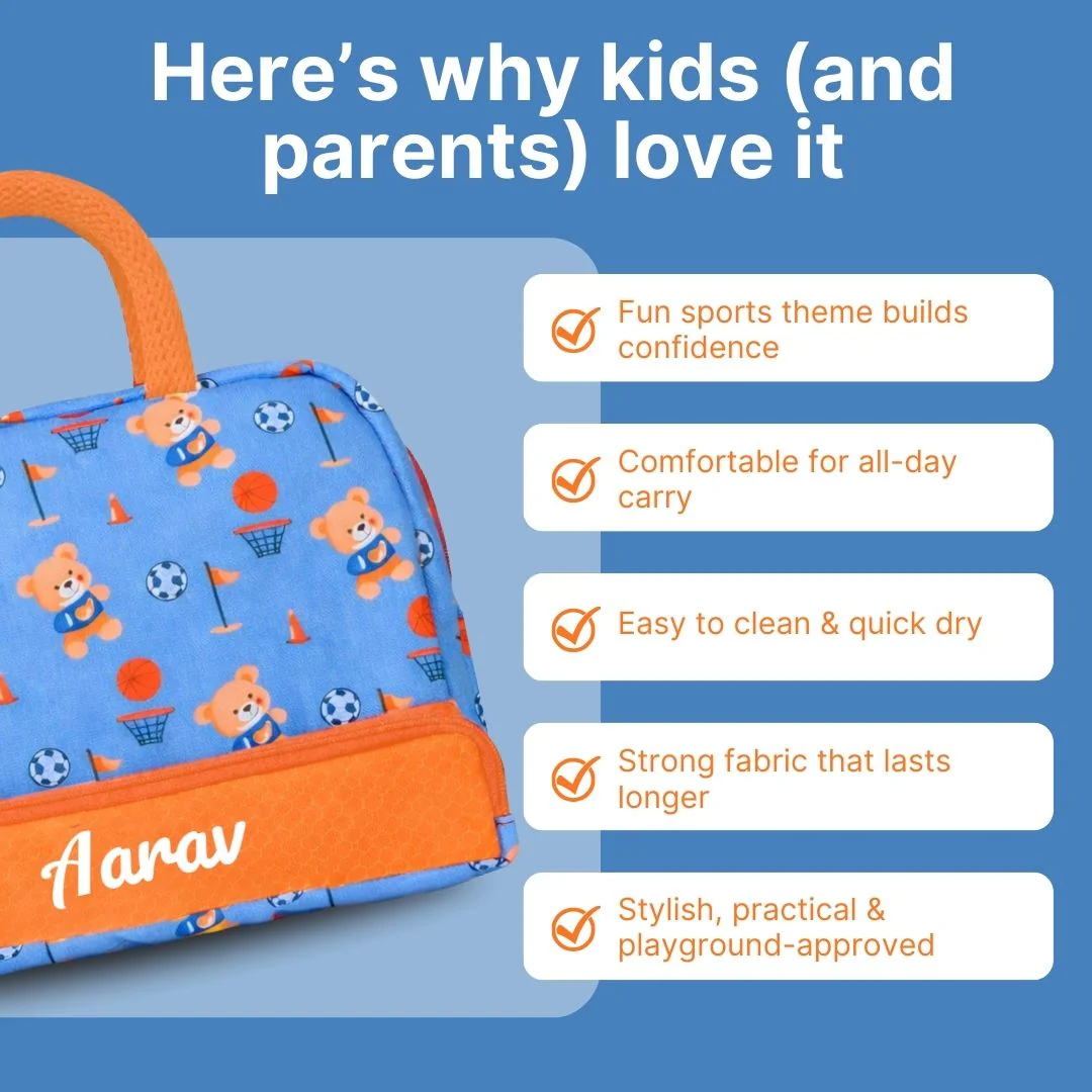 Cots and Cuddles Cute Sporty Bear Theme Printed Canvas Lunch Bag for Kids (Customized) (PREPAID ONLY) - Image 5