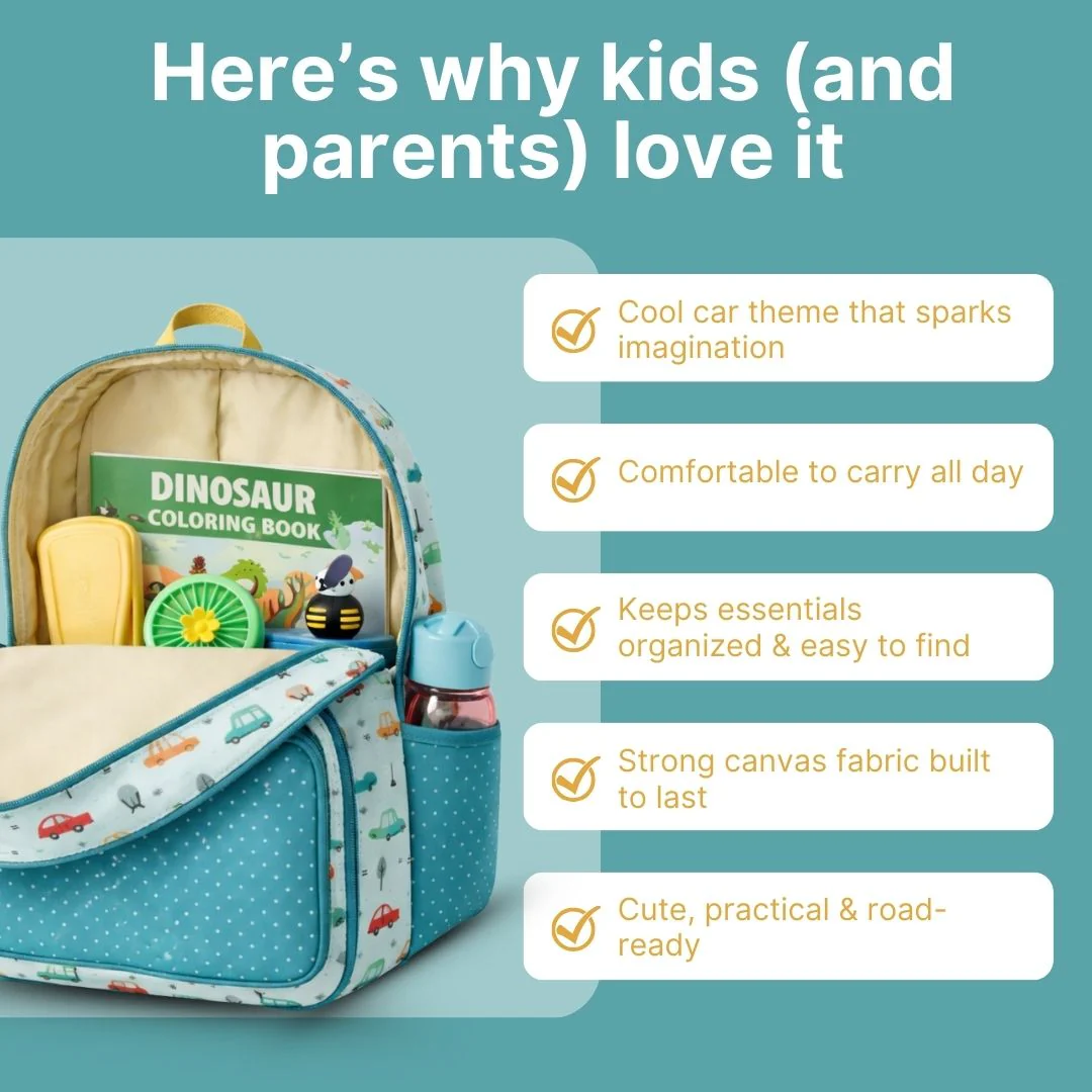 Cots and Cuddles Cute Vehicles Theme Printed Canvas Backpack for Kids - Image 5