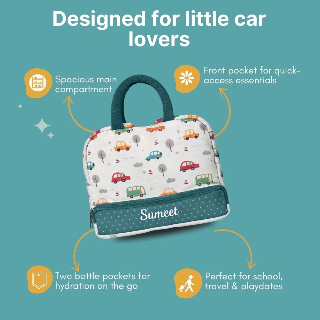 Cots and Cuddles Cute Vehicles Theme Printed Canvas Lunch Bag for Kids (Customized) (PREPAID ONLY) - Image 3