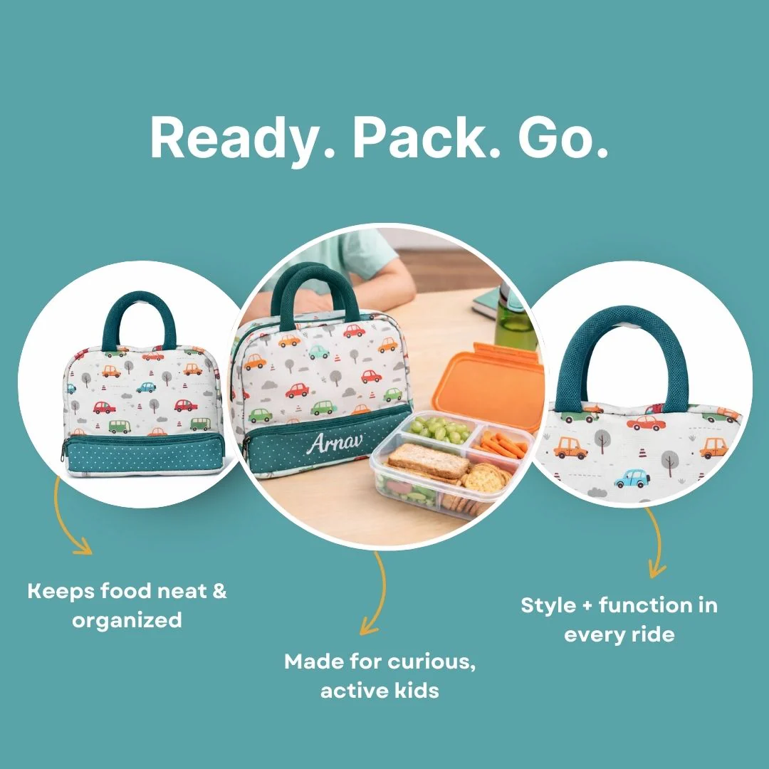 Cots and Cuddles Cute Vehicles Theme Printed Canvas Lunch Bag for Kids (Customized) (PREPAID ONLY) - Image 5