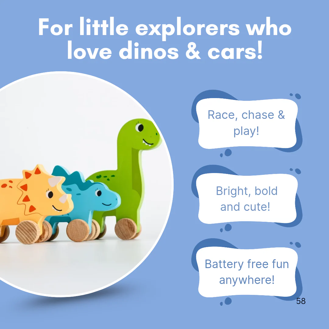 Cots and Cuddles Wooden Dino with Wheels Toy for Kids (Pack of 3) - Image 3