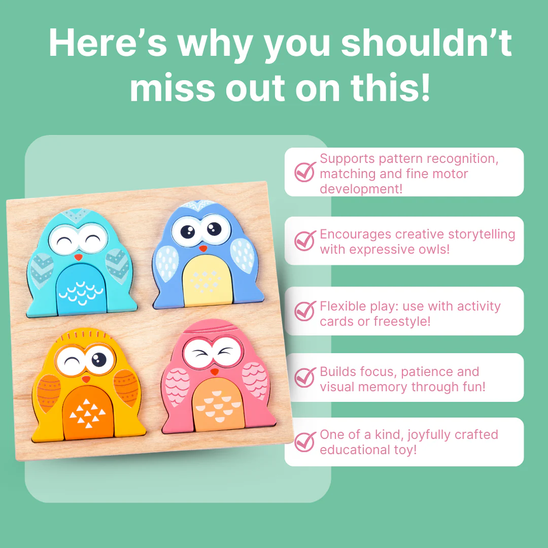 Cots and Cuddles Wooden Owl Face-Changing Puzzle with Match Cards - Image 5