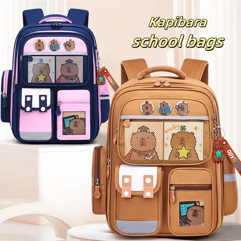Cute Cartoon Design Backpacks with Multiple Pocket for Kids (Capybara) (Navy Blue/Green) - Image 4