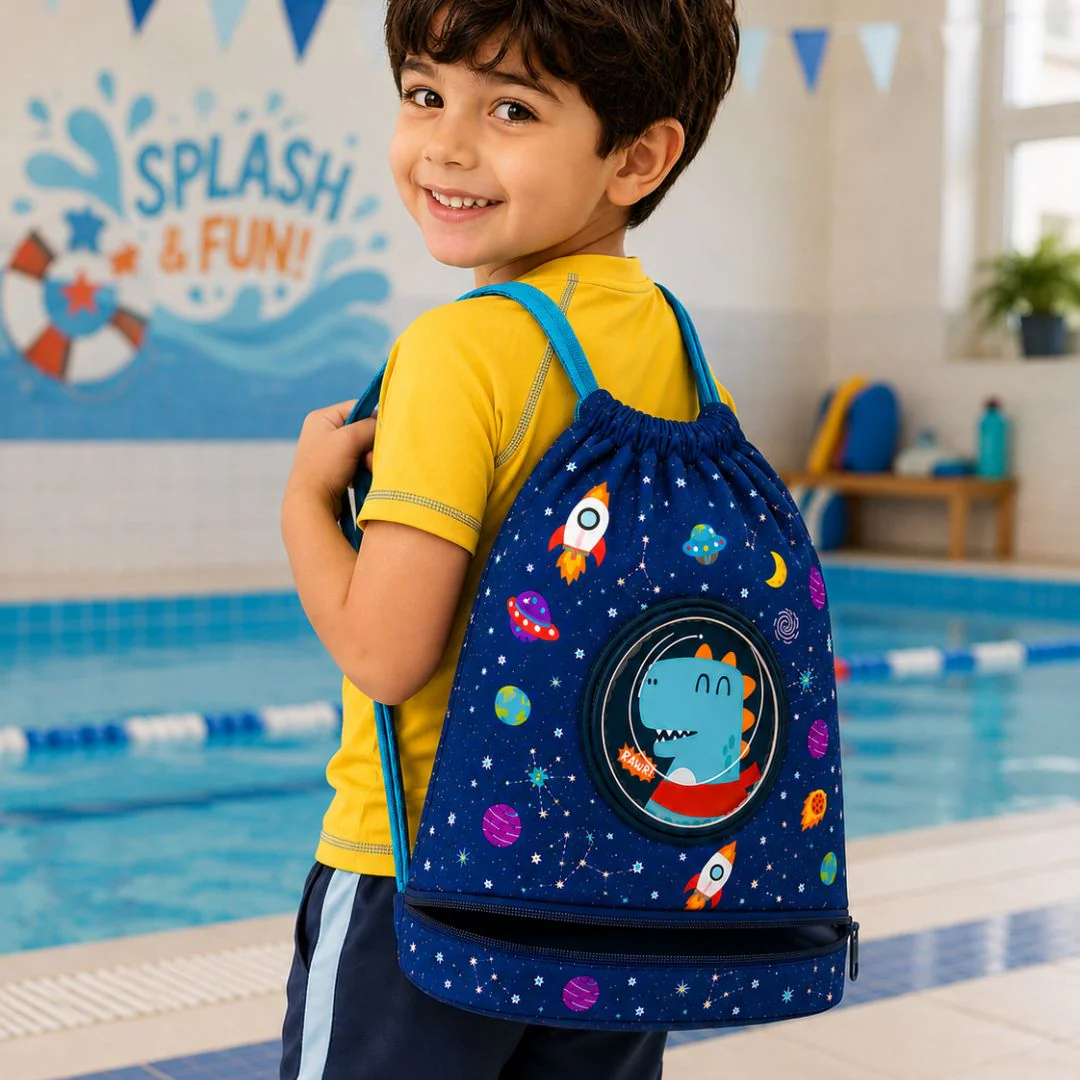 Cute Cartoon Themed Kids Swimming Bag with Shoe Pocket (DINO) - Image 2