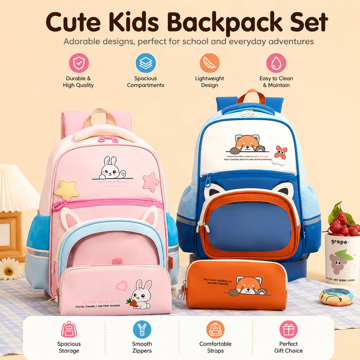 Cute Kids Backpack Set with Pencil Case โ Bunny & Fox Design