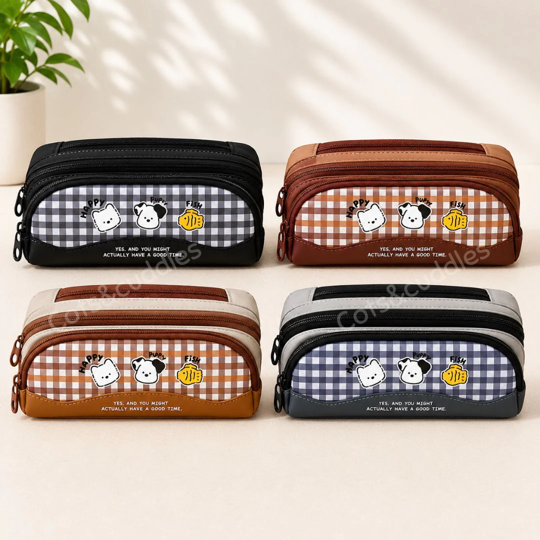 Cute Puppy Gingham Pencil Case | Large Capacity Double Zip School Pouch for Kids - Image 2