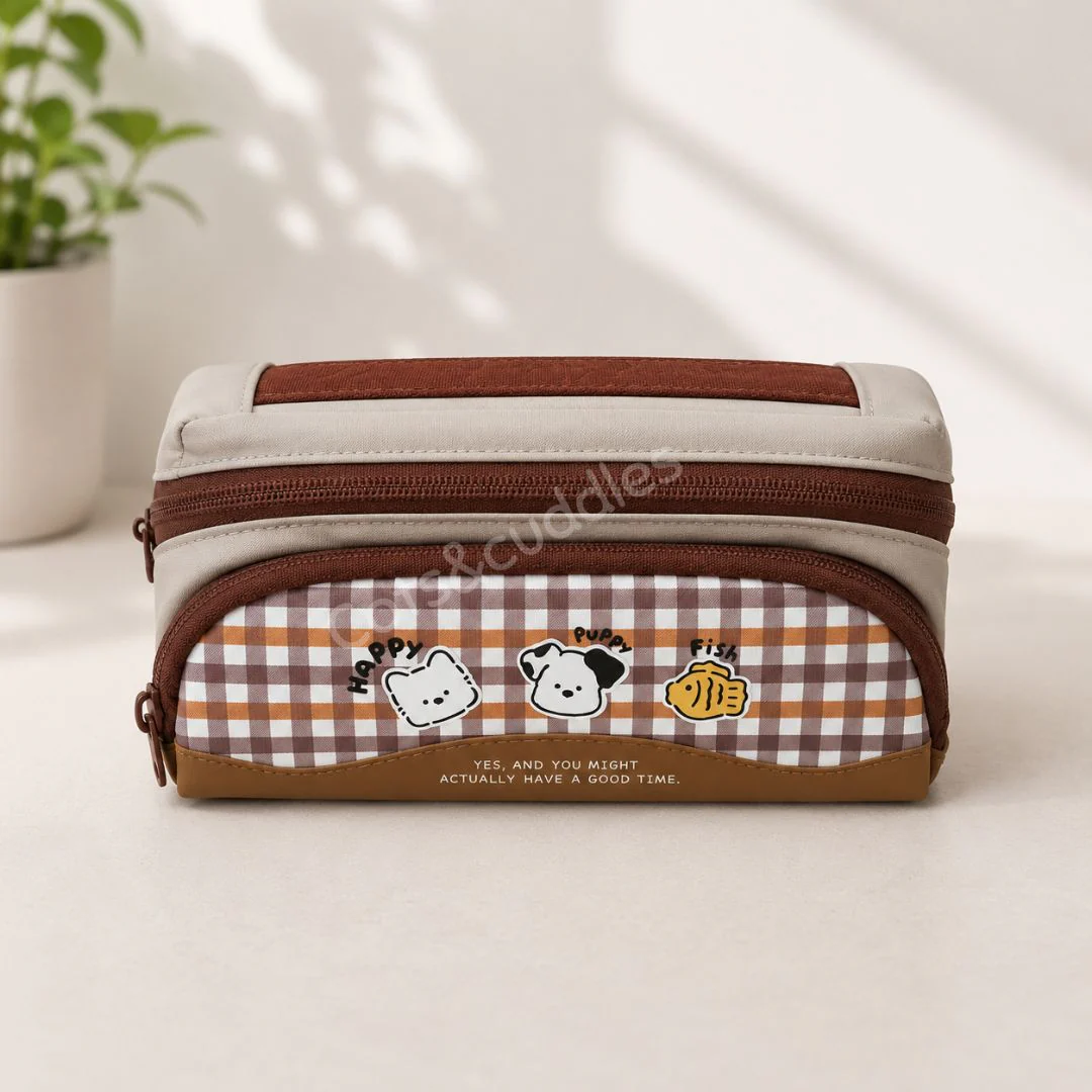 Cute Puppy Gingham Pencil Case | Large Capacity Double Zip School Pouch for Kids - Image 4