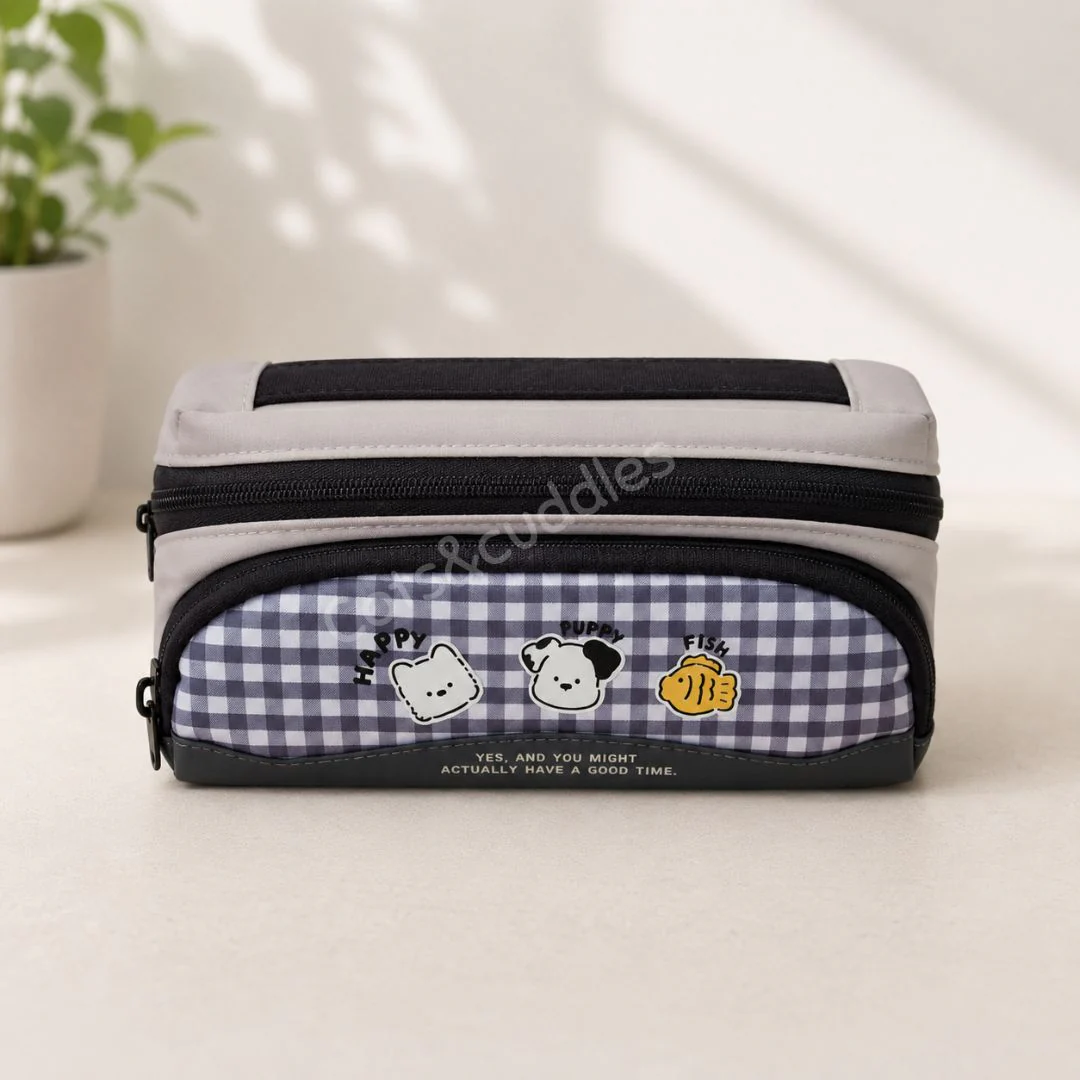 Cute Puppy Gingham Pencil Case | Large Capacity Double Zip School Pouch for Kids - Image 6