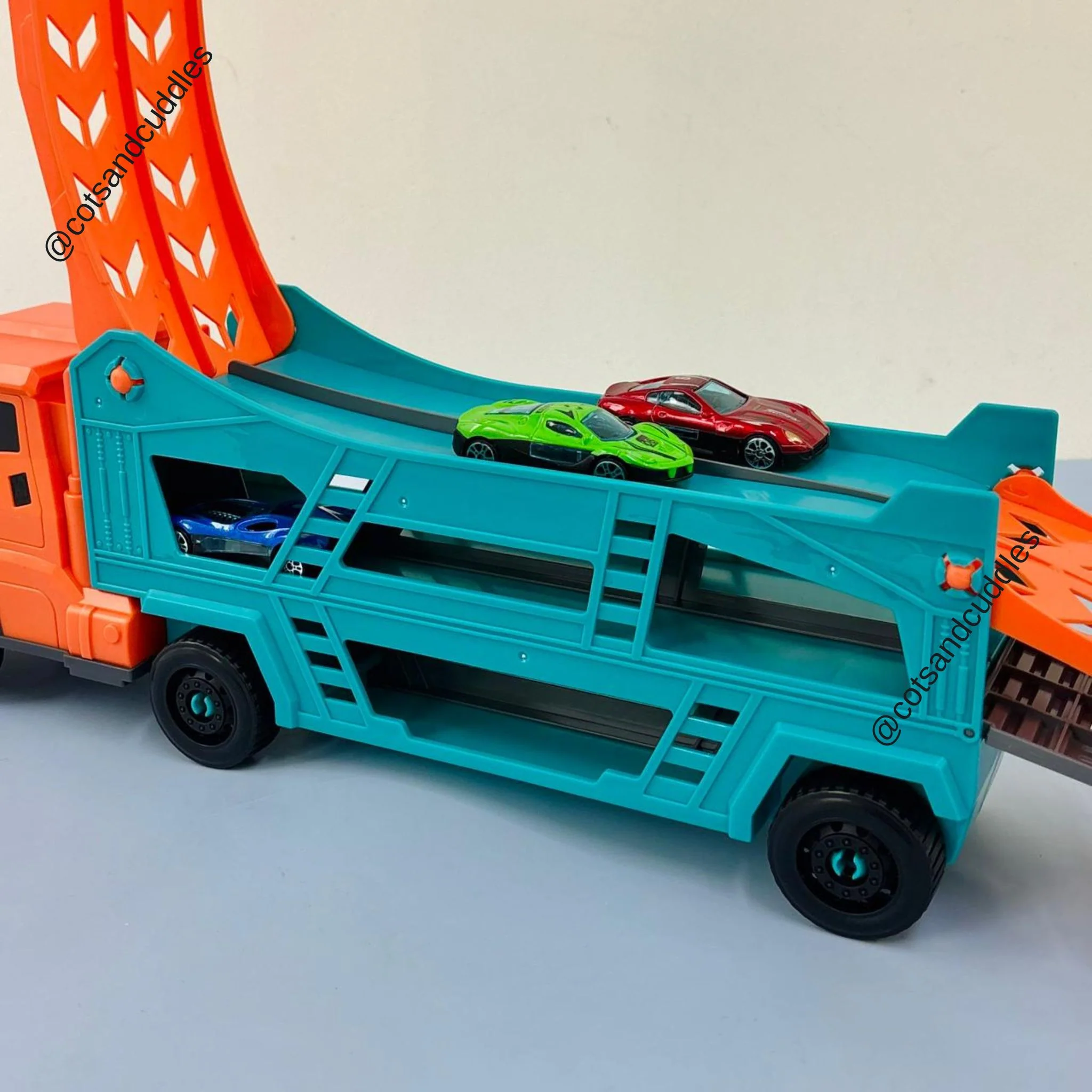 Folding Slide Truck with 3 Die Cast Cars Track Set for Kids Racing & Pretend Play Toy - Image 8