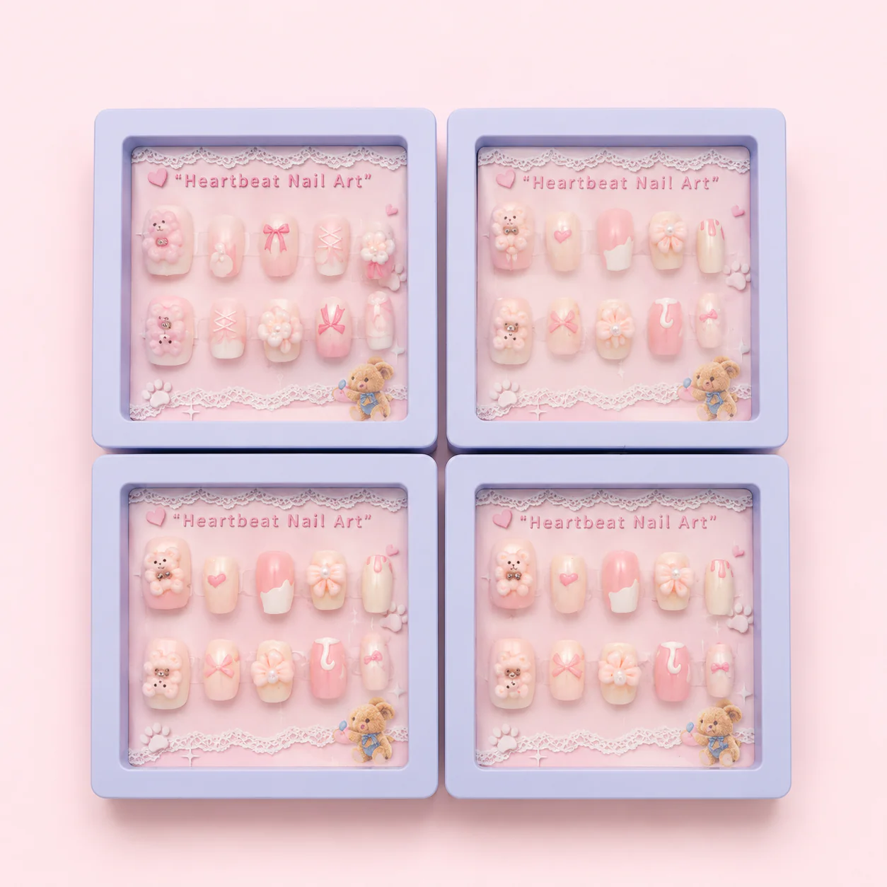 Heartbeat Nail Art – Kawaii Bear Press-On Nails | Pink 3D Floral Set - Image 3