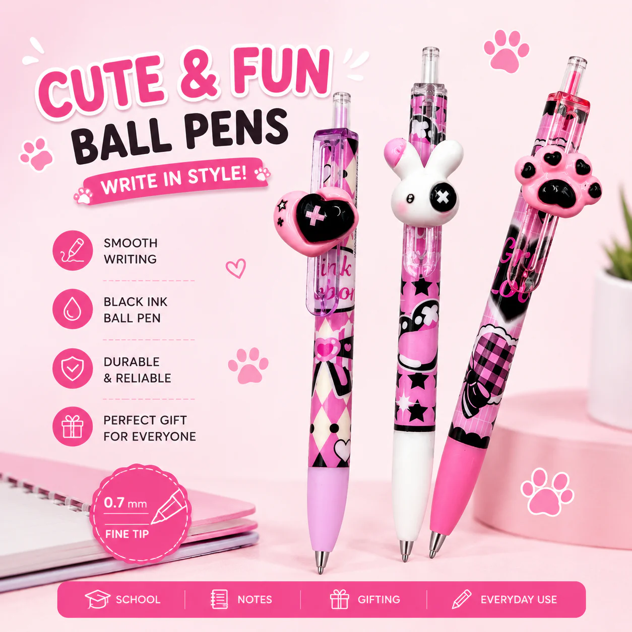 Kawaii 3D Topper Ball Pen – Pink Bunny, Heart & Paw Print | Kids Stationery (Pack Of 18/36)