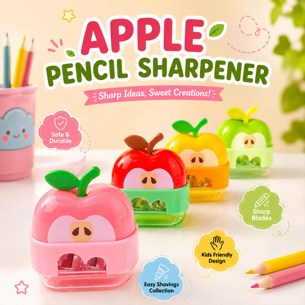 Kawaii Apple Pencil Sharpener for Kids | Dual Hole | Safe & Durable - Image 2