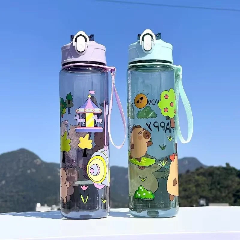 Kawaii Capybara Kids Water Bottle with Straw & Wrist Strap – 1000ml - Image 2