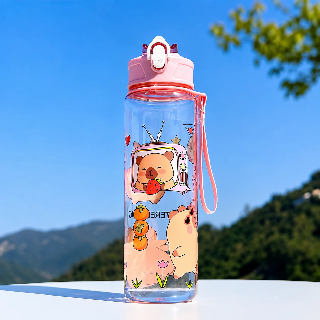 Kawaii Capybara Kids Water Bottle with Straw & Wrist Strap – 1000ml - Image 4
