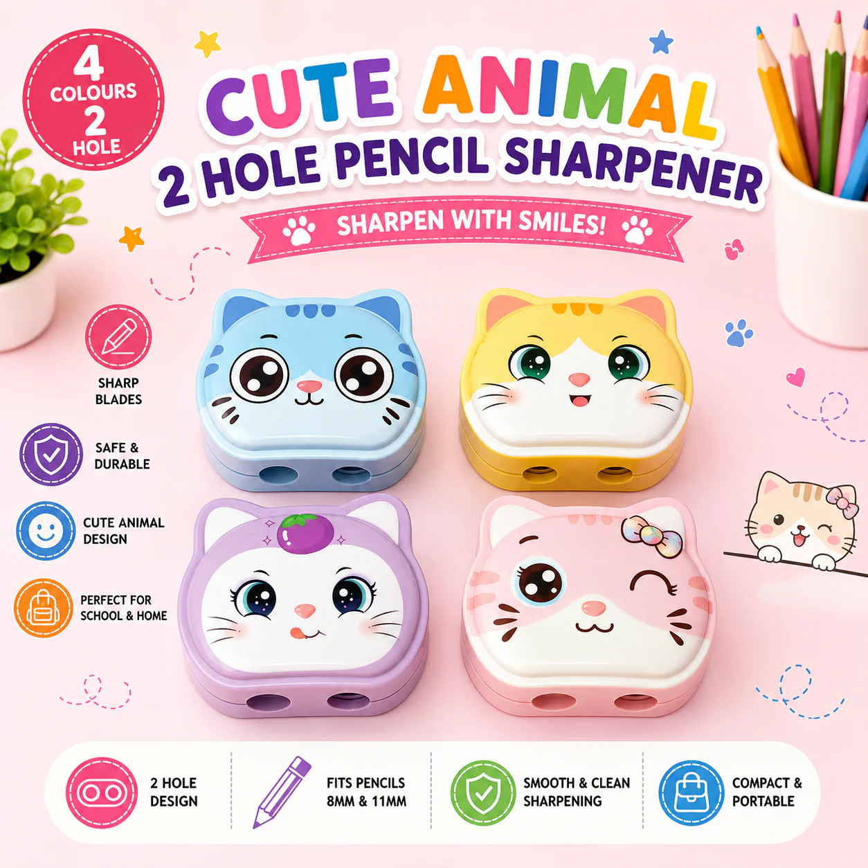 Kawaii Cat 2-Hole Pencil Sharpener - Image 4