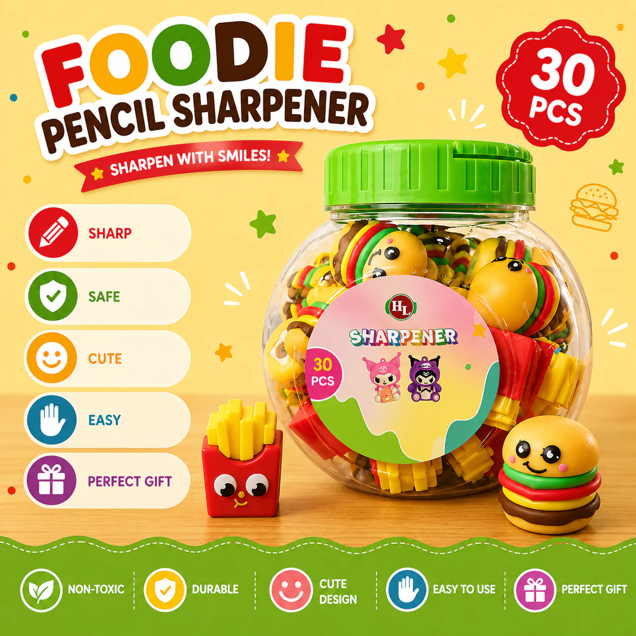 Kawaii Foodie Pencil Sharpener Set | Burger & Fries | Kids' Stationery Gift
