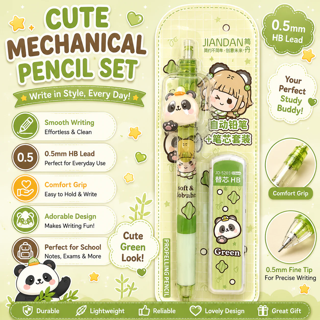 Kawaii Mechanical Pencil Set — 0.5mm HB Lead | 4 Cute Colors (Random) - Image 3