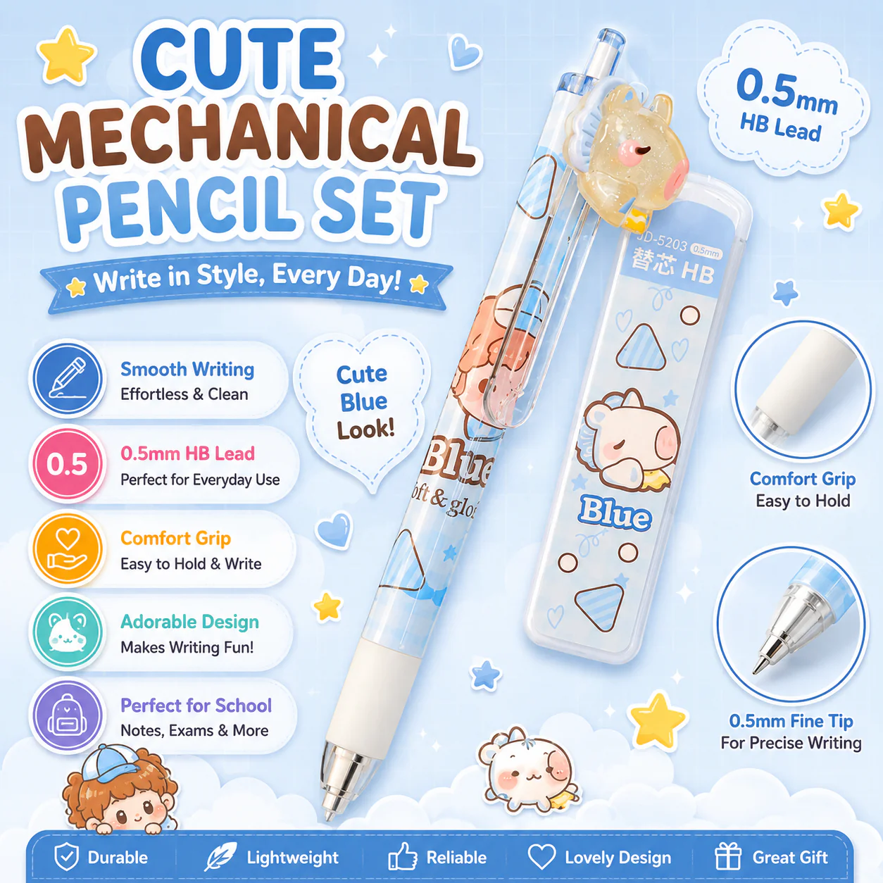 Kawaii Mechanical Pencil Set — 0.5mm HB Lead | 4 Cute Colors (Random) - Image 6