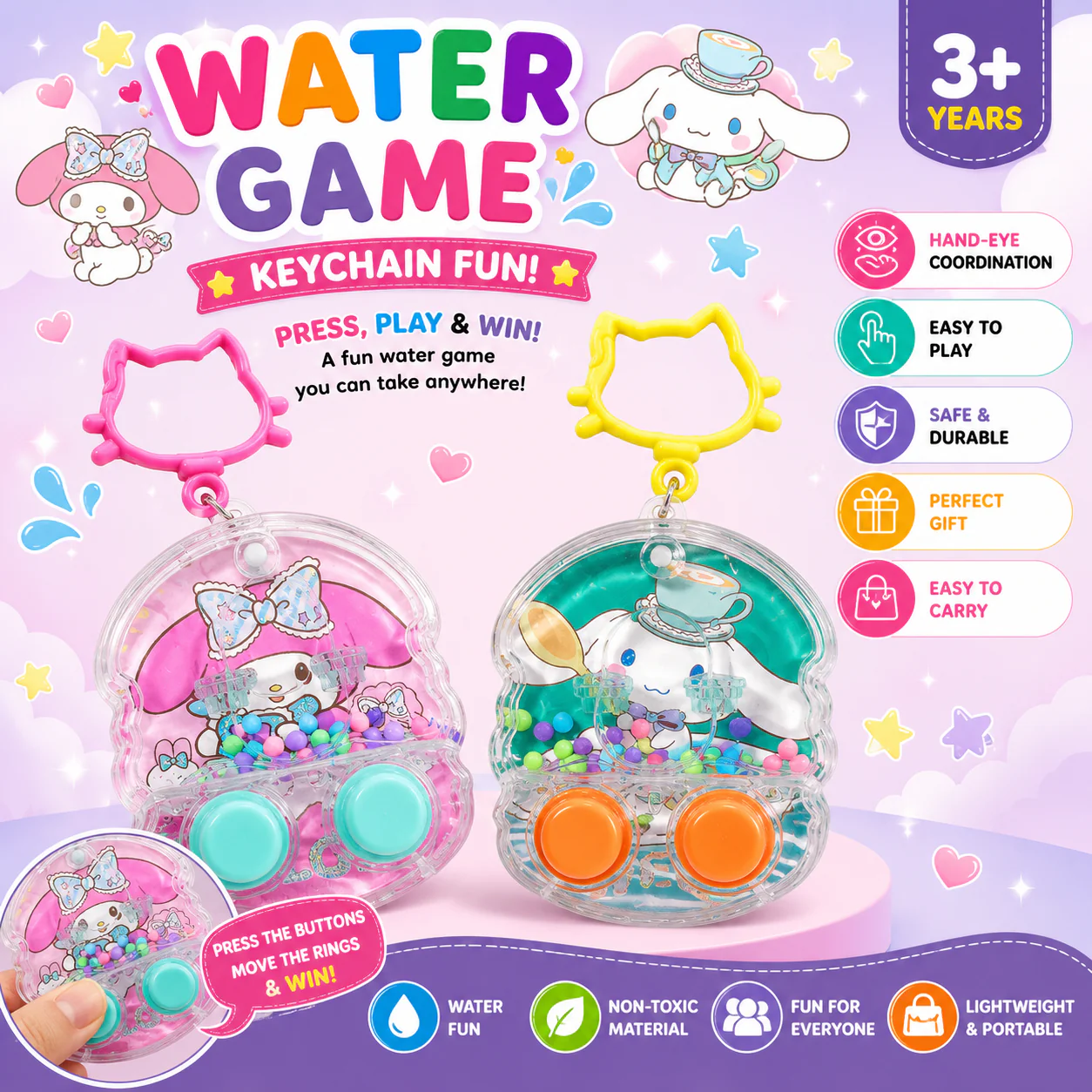 Kawaii Water Game Keychain — My Melody & Cinnamoroll - Image 3