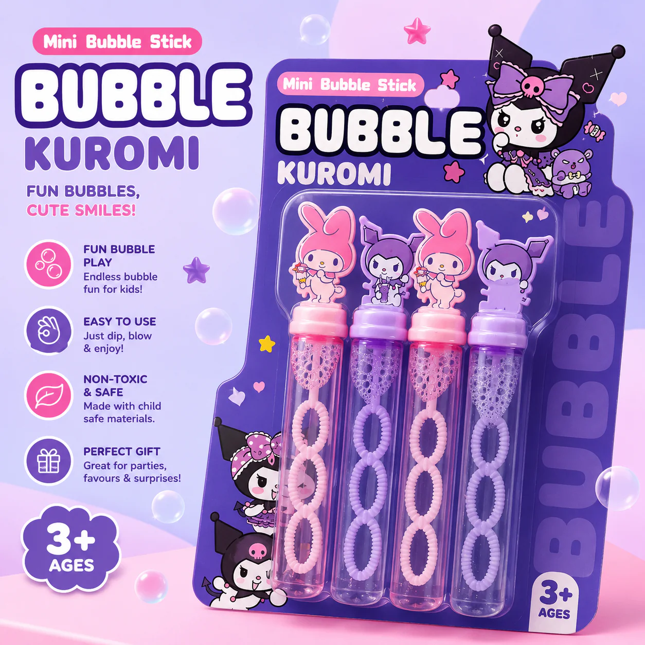 Mini Bubble Stick Set for Kids | Dinosaur, Unicorn, Kuromi & Doughnut - Image 3