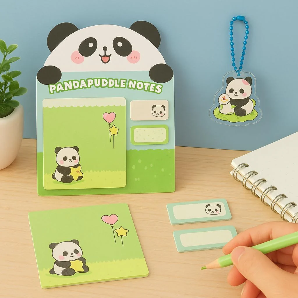 Pandapuddle Notes โ Kawaii Panda 5-in-1 Sticky Notes Set with Acrylic Keychain - Image 3