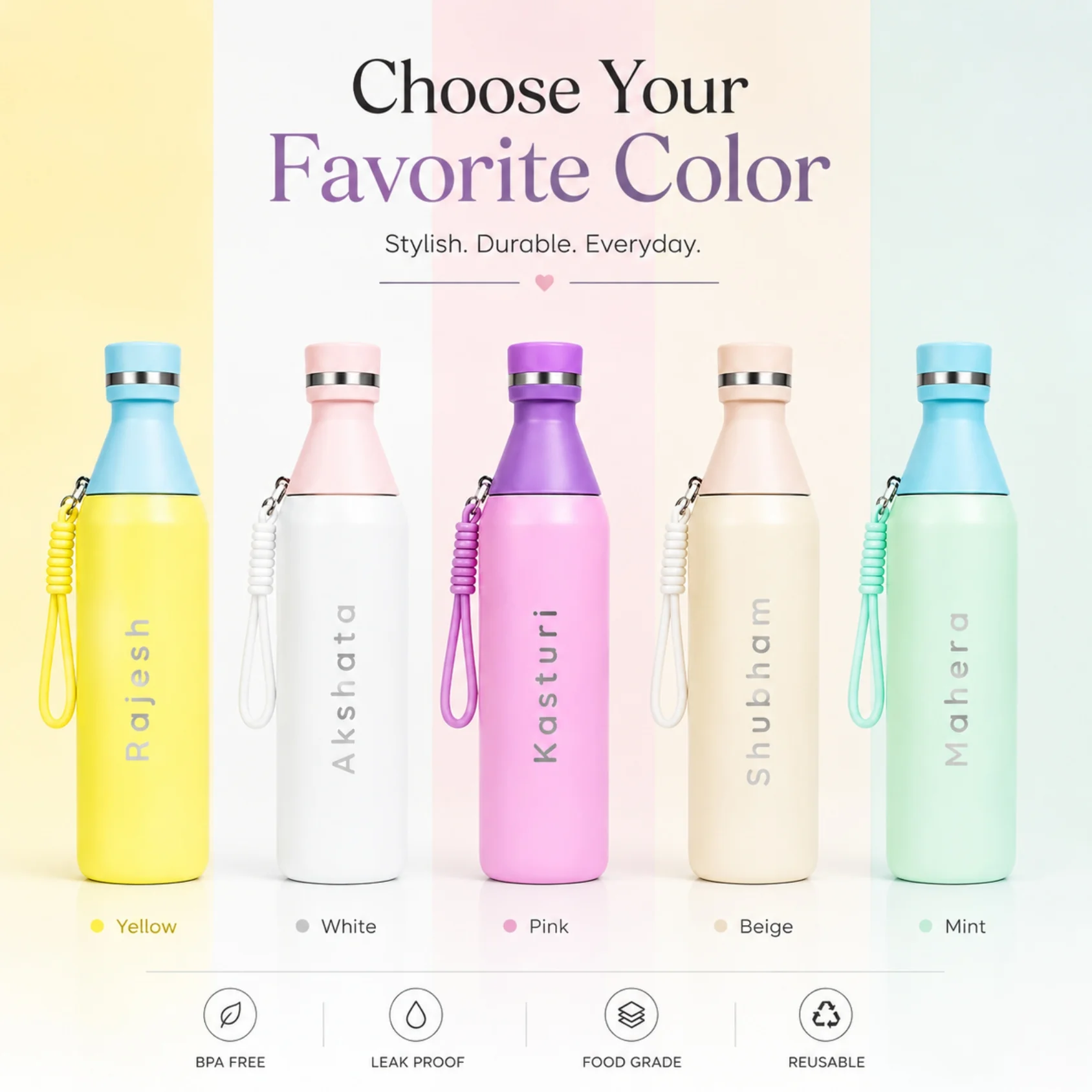 Personalized Pastel Color Stainless Steel Vacuum Insulated Water Bottle 500ml - Image 5