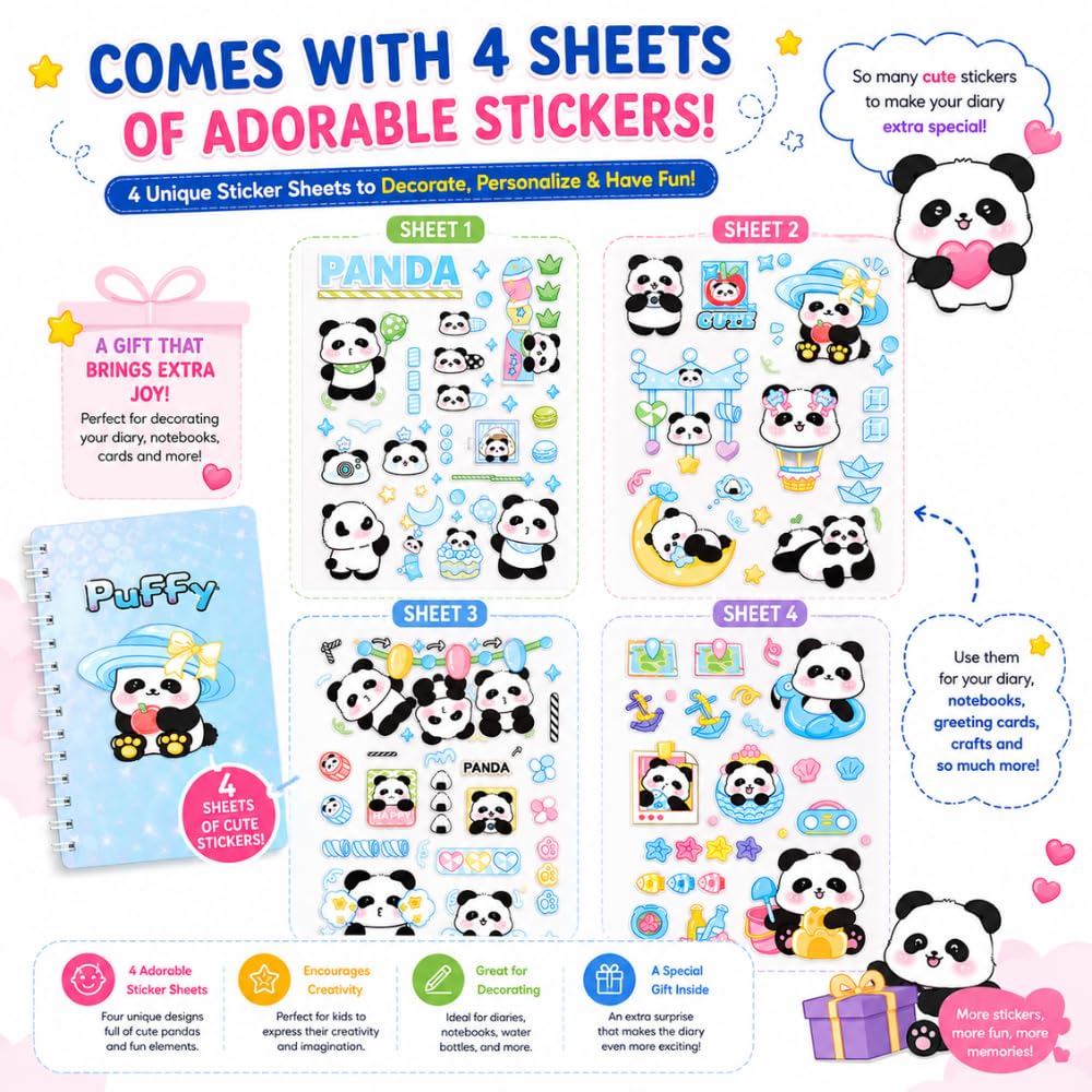 Puffy Panda Spiral Diary with Sticker Sheets | Kawaii Notebook for Kids | - Image 5