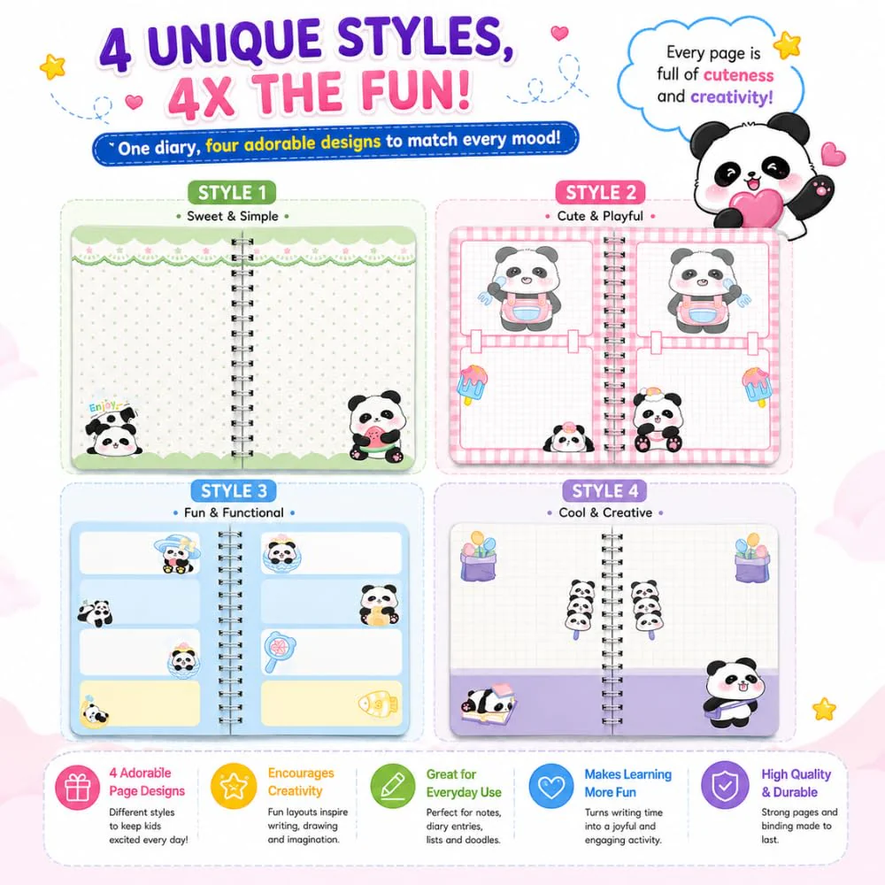 Puffy Panda Spiral Diary with Sticker Sheets | Kawaii Notebook for Kids | - Image 6