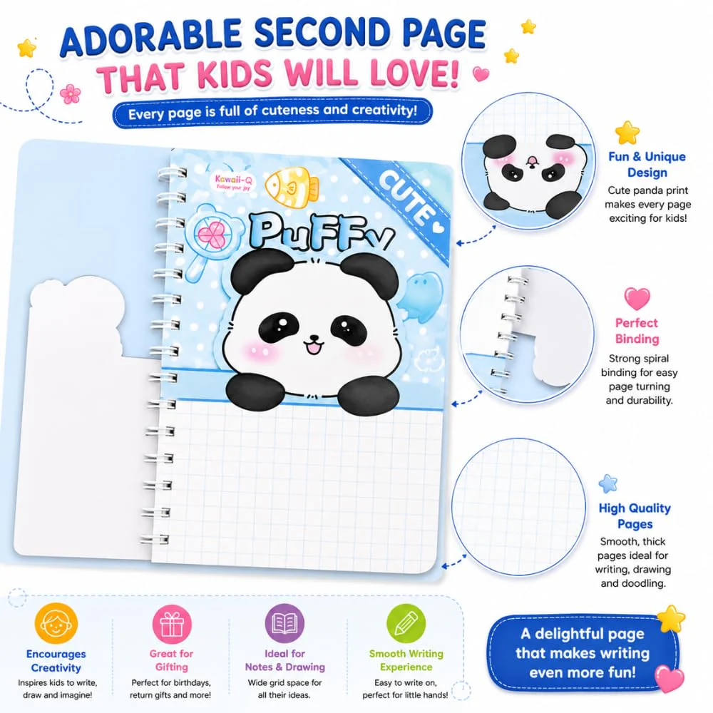 Puffy Panda Spiral Diary with Sticker Sheets | Kawaii Notebook for Kids | - Image 7