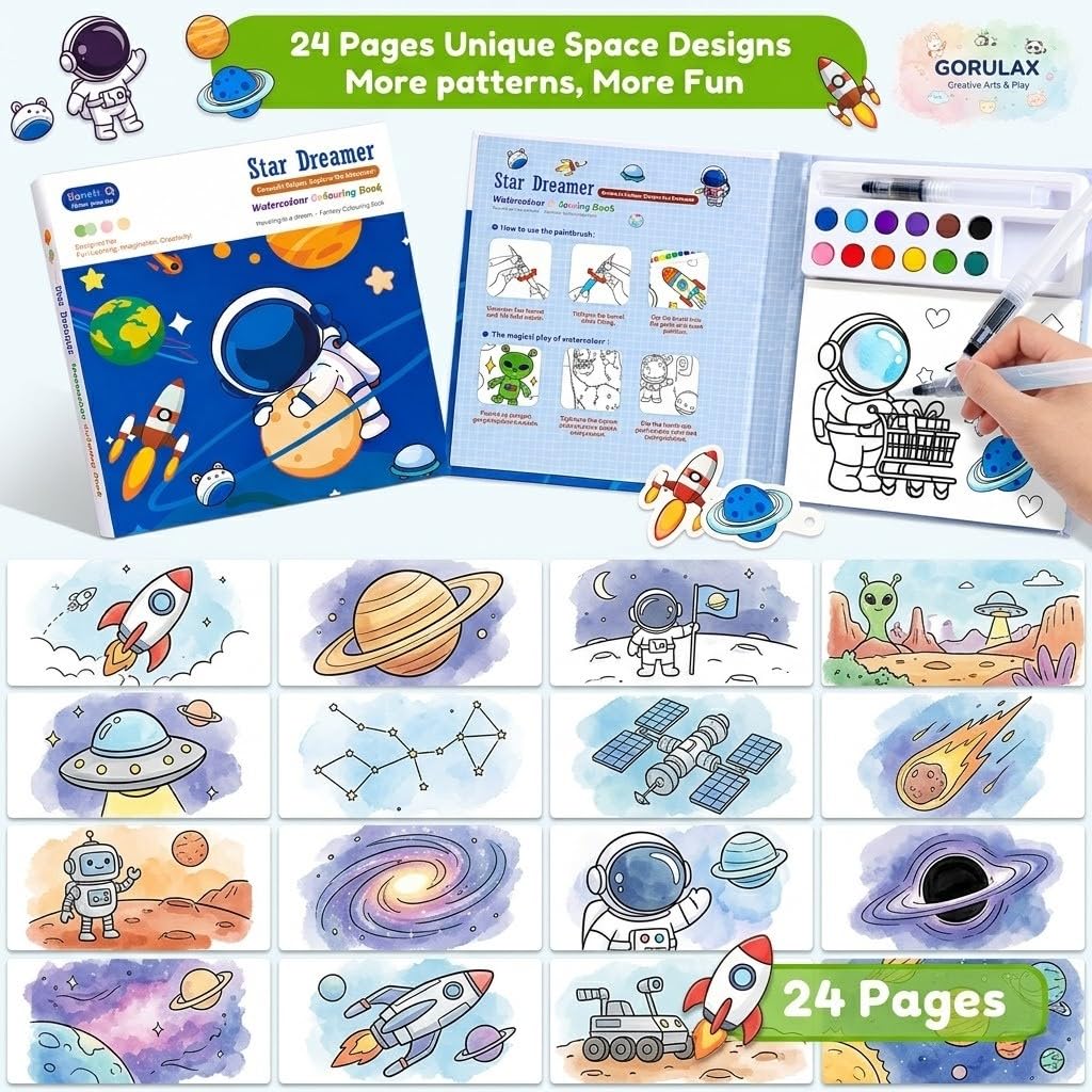 Space Watercolor Coloring Book Set | Fantasy Painting Kit for Kids with 12 Colors & Brush - Image 6