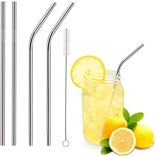 Stainless Steel Straw - Pack of 4 - Reusable Steel Straws with Cleaner - Contains Metal Straws (Straight & Bent) with Brush