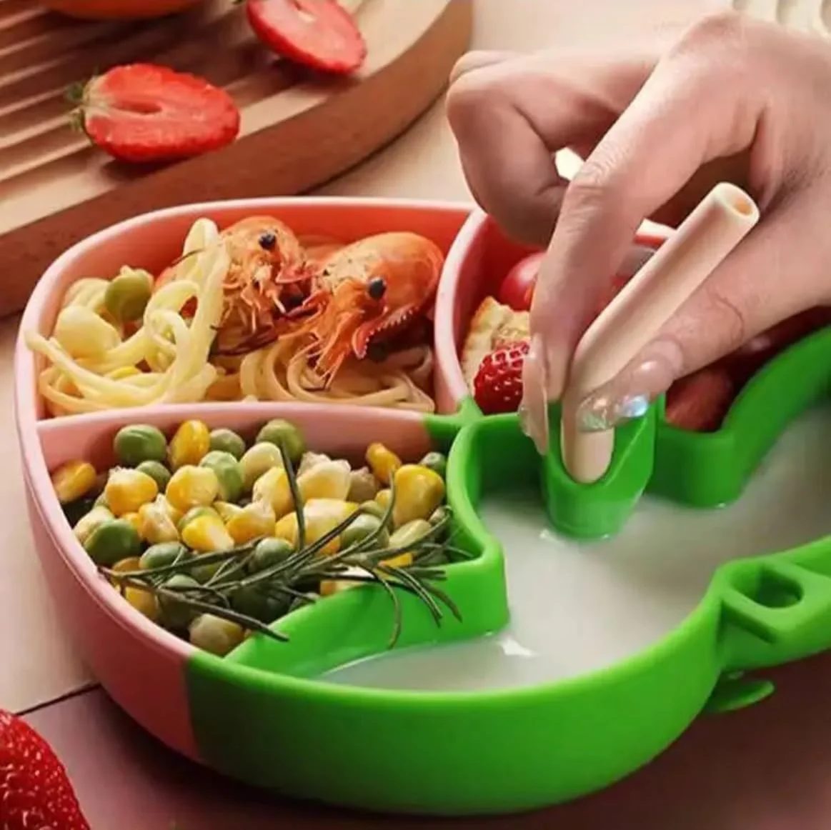 Strawberry Theme Silicone Dinner Plate Set for Kids (RED) - Image 3