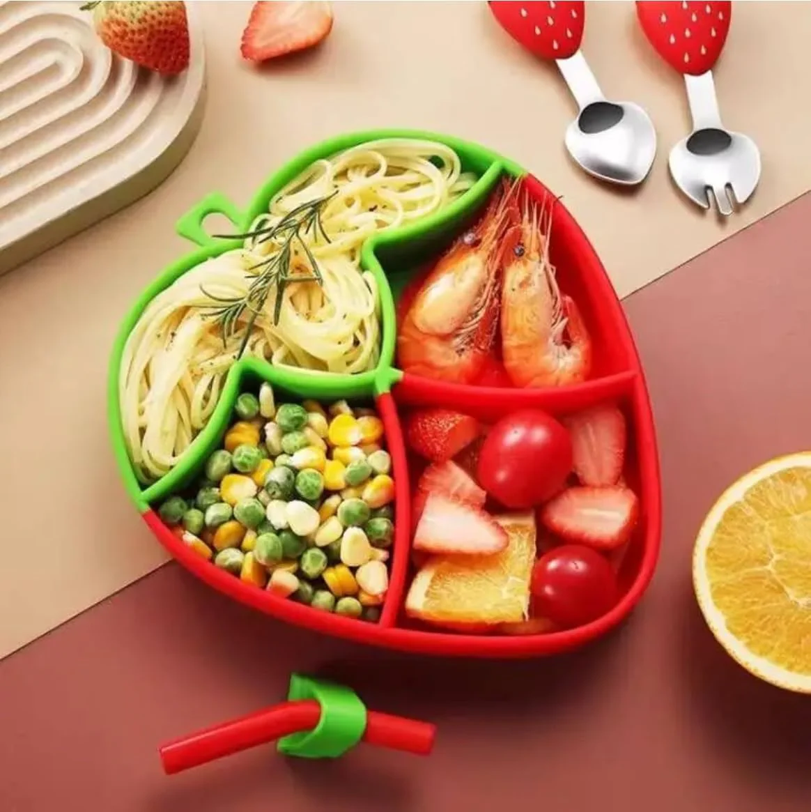 Strawberry Theme Silicone Dinner Plate Set for Kids (RED) - Image 4