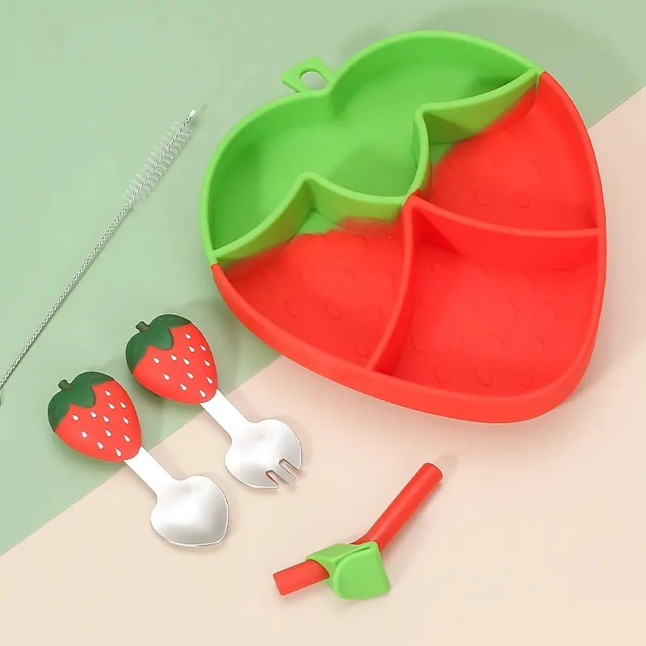 Strawberry Theme Silicone Dinner Plate Set for Kids (RED) - Image 6