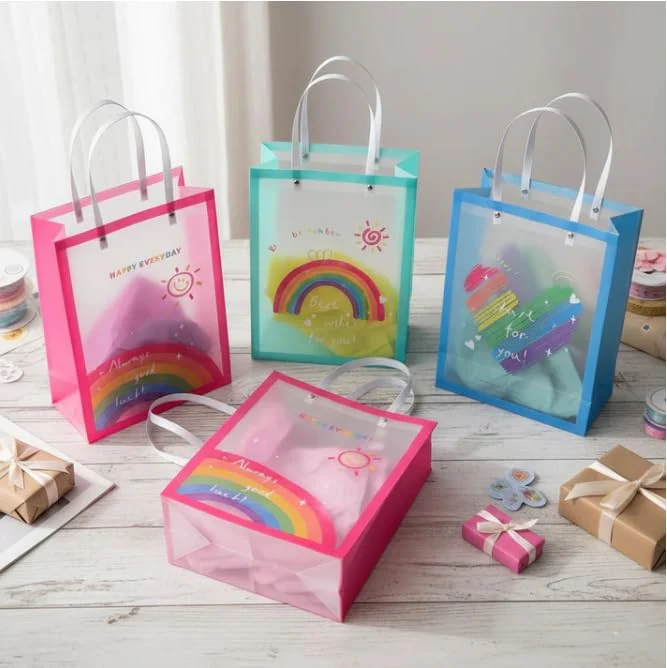 Transparent Pvc Rainbow Gift Bags for Kids | Birthday Party Bags with Handles (Pack Of 12) (Big) - Image 2