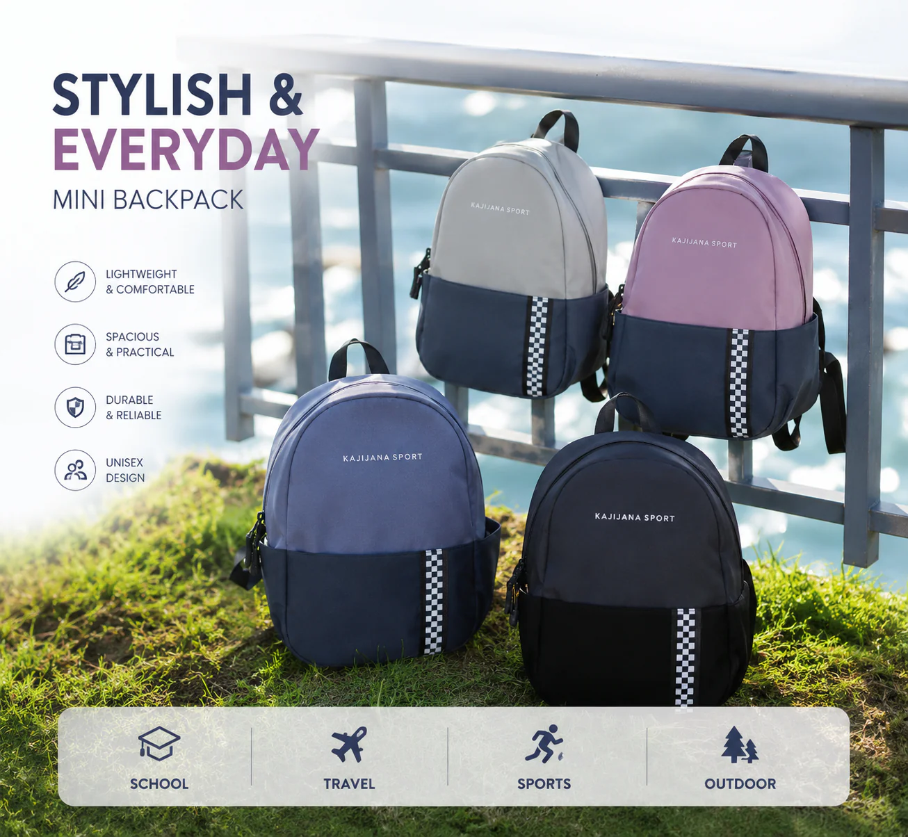 Two-Tone Mini Backpack with Checkered Stripe - Image 3