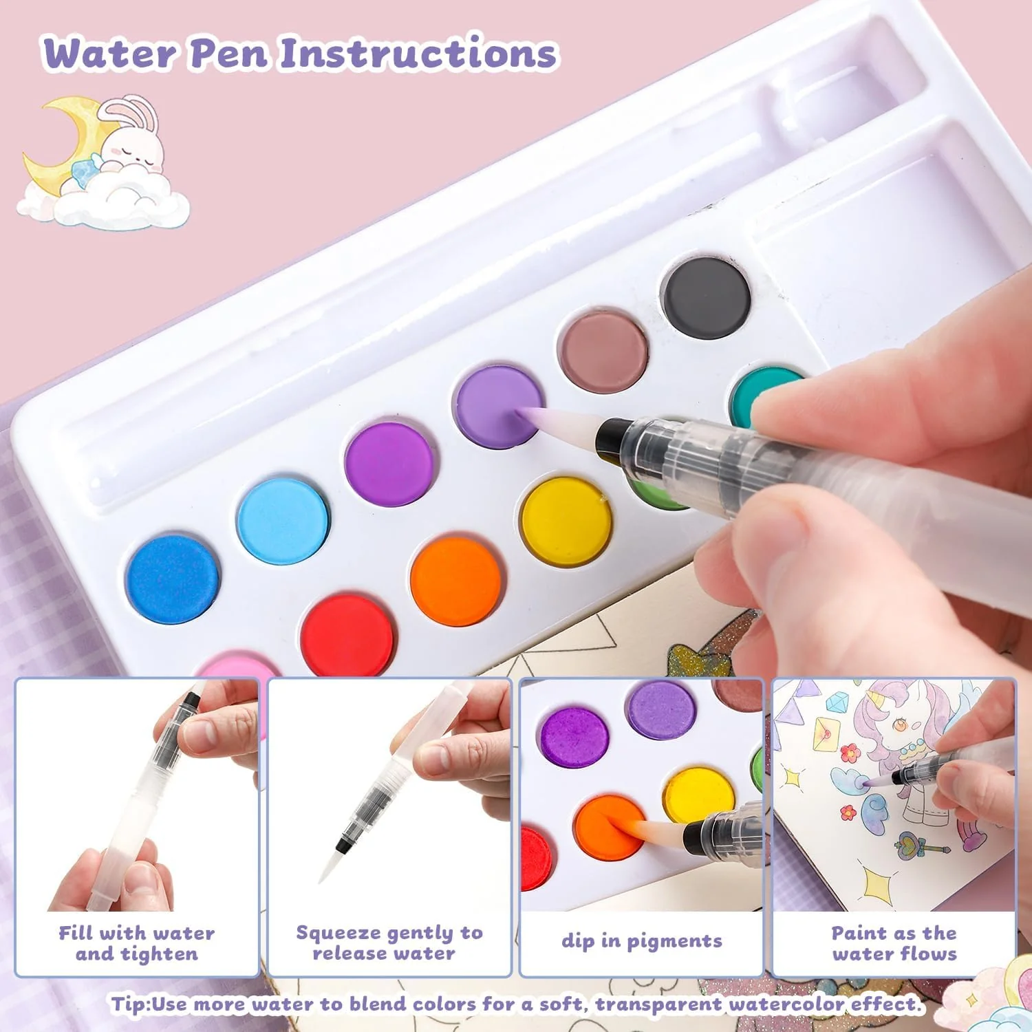 Unicorn Quest Watercolor Coloring Book Set – Fantasy Painting Kit for Kids with 12 Colors & Brush - Image 3
