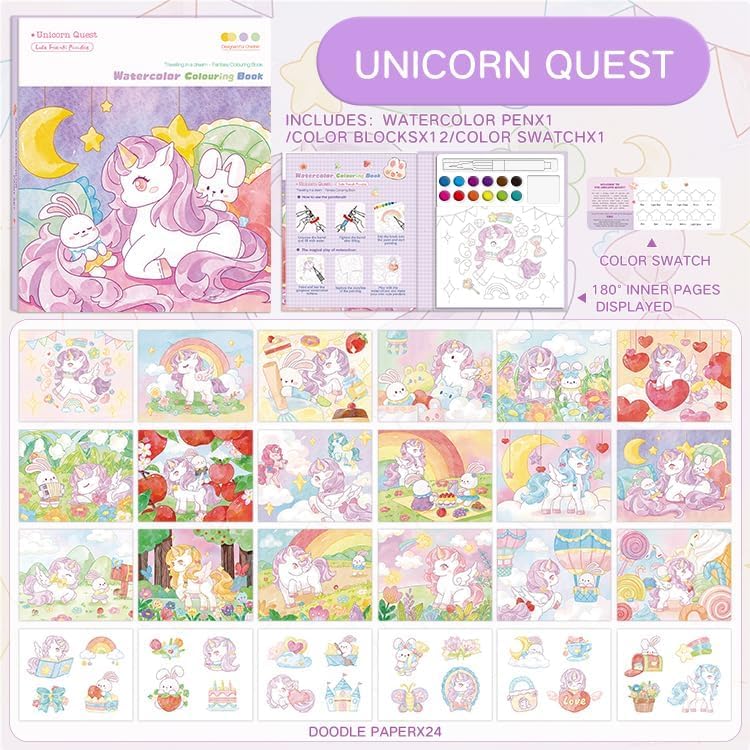 Unicorn Quest Watercolor Coloring Book Set – Fantasy Painting Kit for Kids with 12 Colors & Brush - Image 8